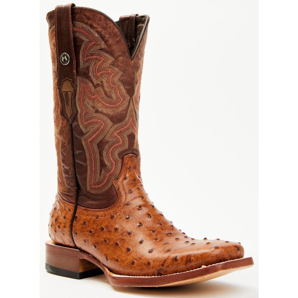 NEW Tanner Mark Ostrich Print Cowboy Boots Brown Square Toe Western Rodeo Luxe